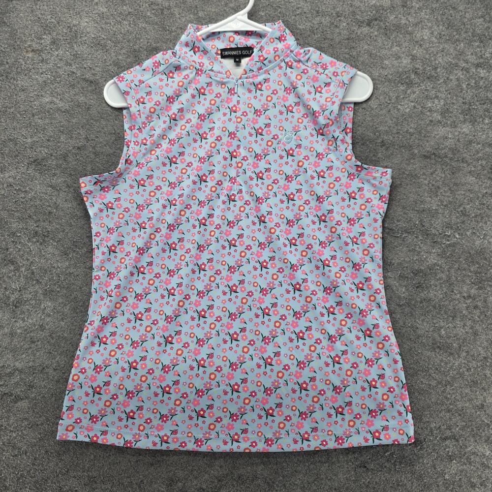 Swannies Golf Polo Womens M Blue Mock Neck Sleeveless Stretch Lightweight Floral